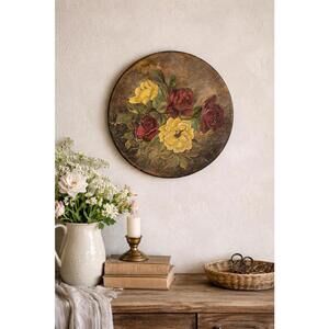 European Vintage 1945 Hand-Painted Earthenware Floral Roses Wall Plaque, 12”